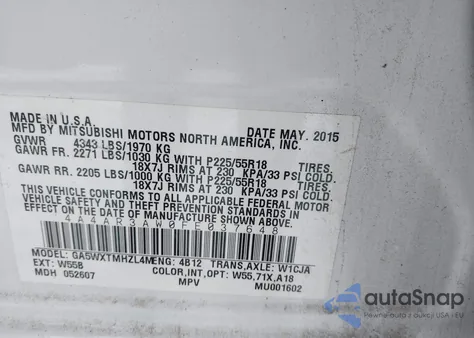 2015 Mitsubishi Outlander Sport Es из США, поврежденный, VIN 4A4AR3AW0FE037648